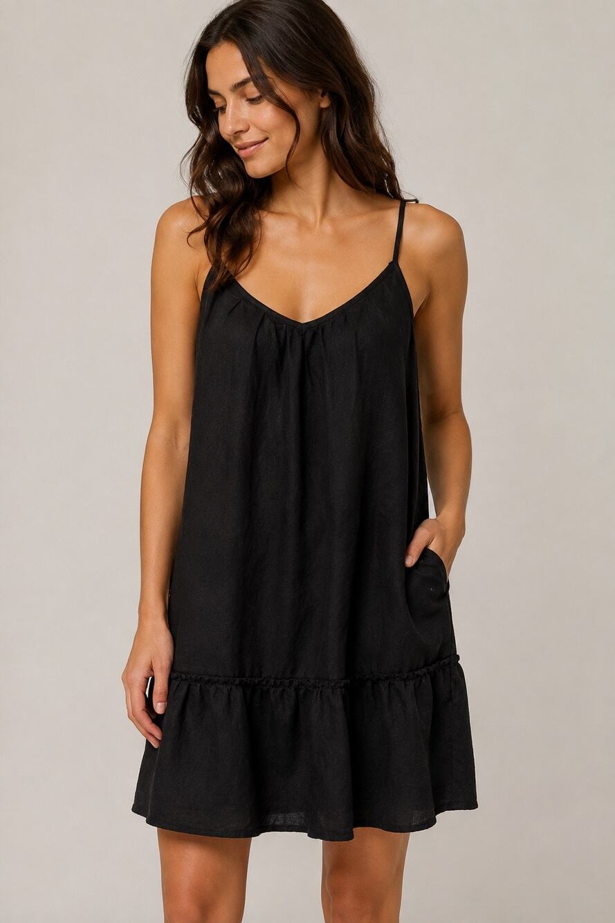 Gap 100% Linen Black Tiered Mini Dress Spaghetti Strap Swing Dress S
